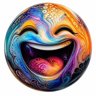 an exaggerated laughing face of an original round mascot character, bold and readable at small size, plain background, no text