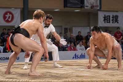 two sumo wrestlers in a sumo ring with a crowd watching