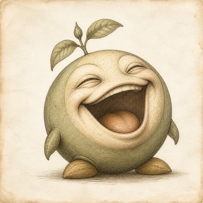 an exaggerated laughing face of an original round mascot character, bold and readable at small size, plain background, no text