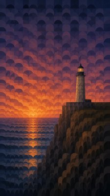 a lone lighthouse on a cliff at dusk under a dramatic sky, no text or lettering