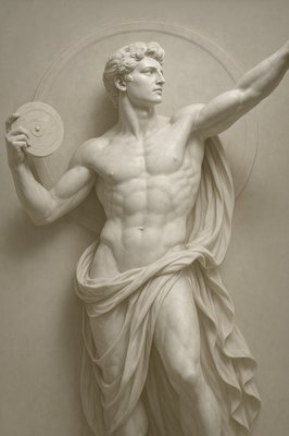 a statue of a man holding a disc