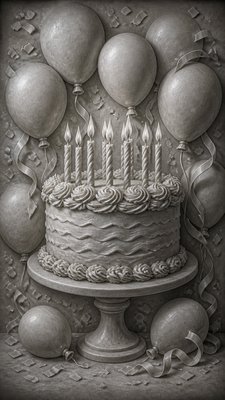 a birthday cake with lit candles surrounded by balloons and confetti, festive vertical composition, no text