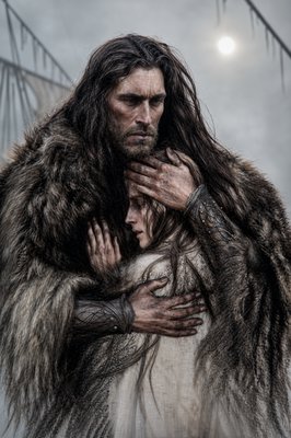 a painting of a man with long hair hugging a woman