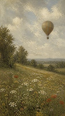 a hot air balloon drifting over rolling flower fields on a sunny day, cheerful, no text