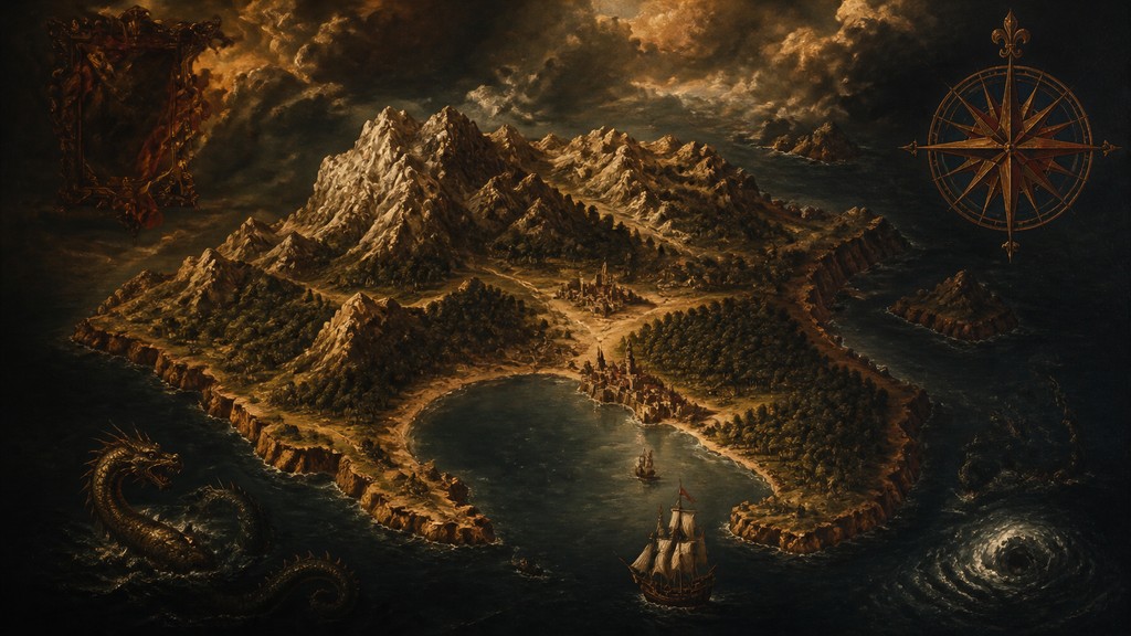 a map of an island realm with mountains, forests, a sheltered bay, sea monsters in the water and a compass rose, no text labels