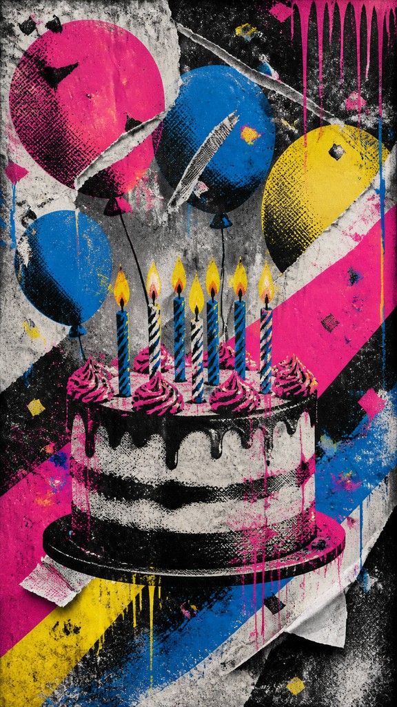 a birthday cake with lit candles surrounded by balloons and confetti, festive vertical composition, no text