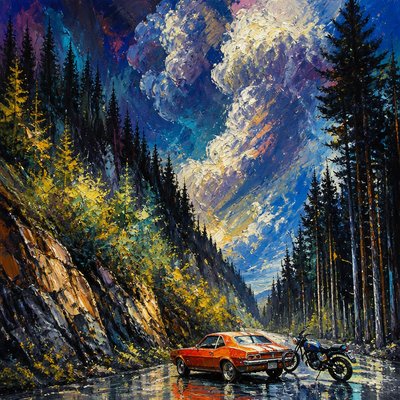 a painting of a motorcycle and a car on a road