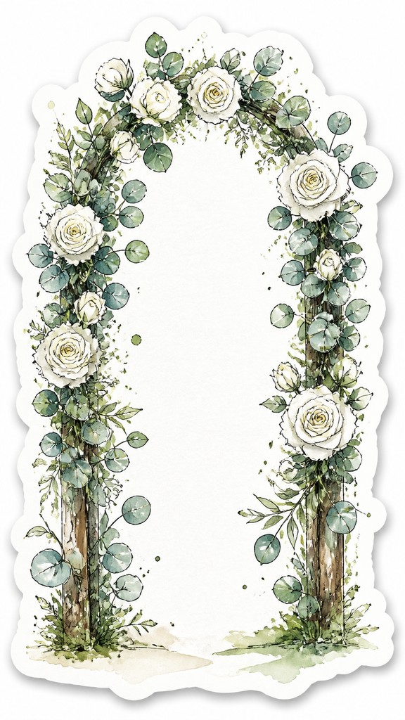 an arch of white roses and eucalyptus in soft morning light, elegant vertical composition with open space, no text