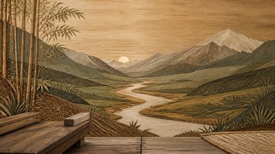 a vast valley with a river winding toward distant mountains at sunrise, no people, no text