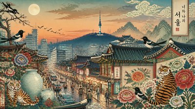 bustling city street panorama at dusk