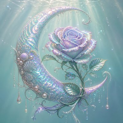 a rose entwined with a crescent moon, clean balanced composition on a plain background, no text