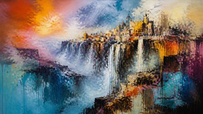 a cliffside city with waterfalls cascading into a misty canyon, wide establishing shot, no people, no text
