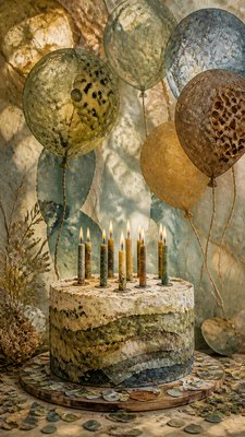 a birthday cake with lit candles surrounded by balloons and confetti, festive vertical composition, no text