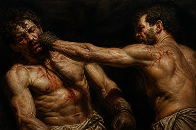 two ancient ignudi boxers punching each other