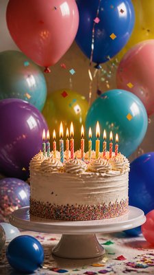 a birthday cake with lit candles surrounded by balloons and confetti, festive vertical composition, no text