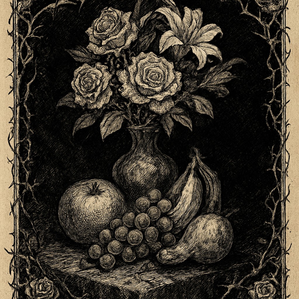 still life arrangement of fruits and flowers