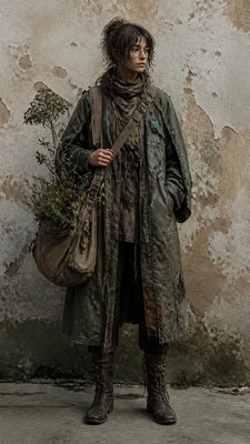 full-body original character: a wandering botanist with a satchel of plants, a patched green cloak, tall boots and round glasses, neutral background