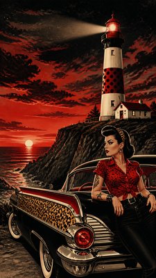a lone lighthouse on a cliff at dusk under a dramatic sky, no text or lettering