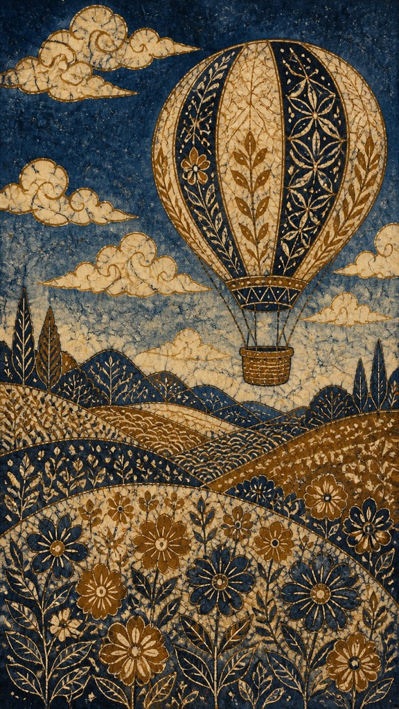 a hot air balloon drifting over rolling flower fields on a sunny day, cheerful, no text