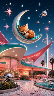 a sleeping baby fox curled on a crescent moon among soft stars, gentle and warm, no text