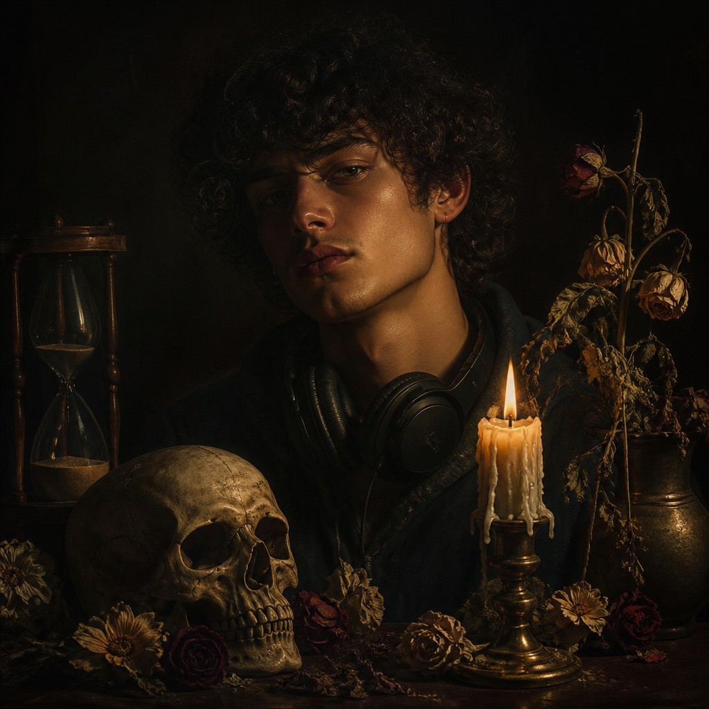 head-and-shoulders portrait of an original character: a young man with curly dark hair and headphones around his neck, plain backdrop, no text