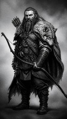 full-body original character: a dwarven ranger with a braided auburn beard, worn leather armor, a longbow and a wolf-pelt cloak, neutral background, no text