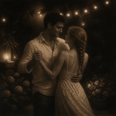 an original couple dancing under string lights in a garden at dusk: a man with short black hair in a linen shirt and a woman with braided red hair in a summer dress