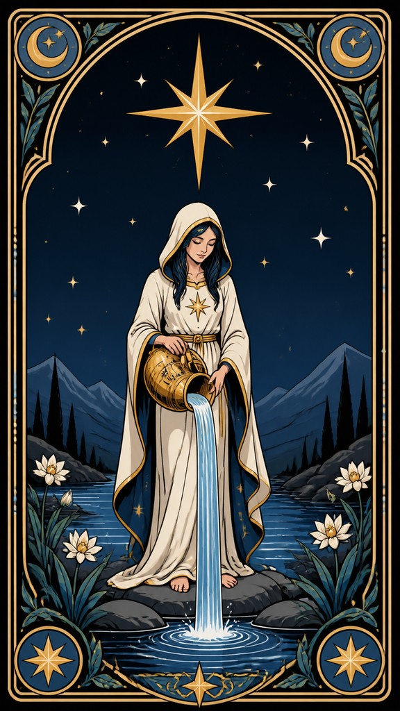 a robed figure pouring water beneath a large eight-pointed star in a night sky, symmetrical composition with an ornate decorative border, no text