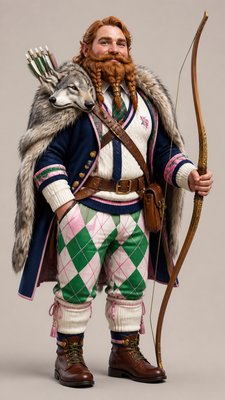 full-body original character: a dwarven ranger with a braided auburn beard, worn leather armor, a longbow and a wolf-pelt cloak, neutral background, no text