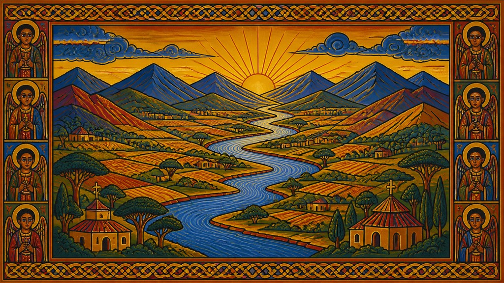 a vast valley with a river winding toward distant mountains at sunrise, no people, no text