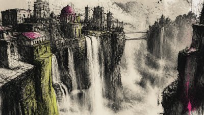 a cliffside city with waterfalls cascading into a misty canyon, wide establishing shot, no people, no text