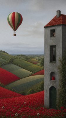 a hot air balloon drifting over rolling flower fields on a sunny day, cheerful, no text
