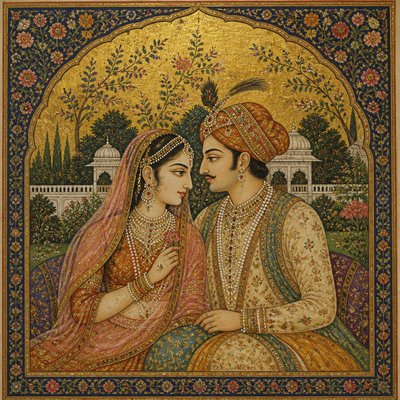 portrait of two people together — Miniature Painting Style
