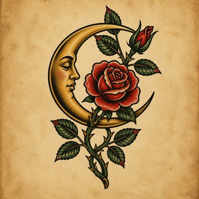 a rose entwined with a crescent moon, clean balanced composition on a plain background, no text