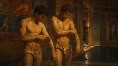 two greek egnudi athletes after their exercise stand by the pool to scrap  oil from their bodies with a stirgil  