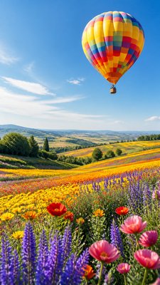 a hot air balloon drifting over rolling flower fields on a sunny day, cheerful, no text