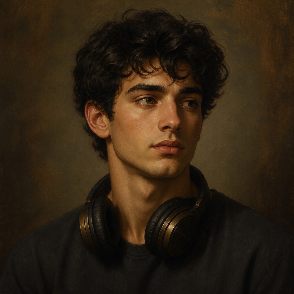 head-and-shoulders portrait of an original character: a young man with curly dark hair and headphones around his neck, plain backdrop, no text