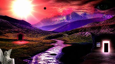 a vast valley with a river winding toward distant mountains at sunrise, no people, no text