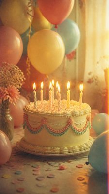a birthday cake with lit candles surrounded by balloons and confetti, festive vertical composition, no text