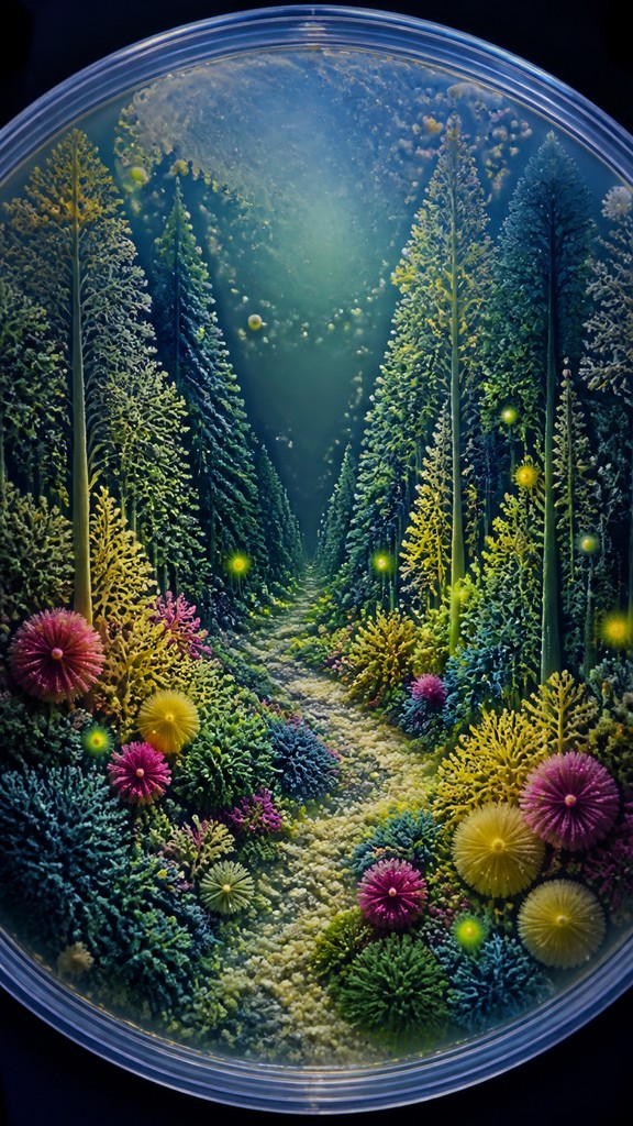 a mysterious forest path with fireflies and drifting mist, atmospheric vertical composition with open space at the top, no text