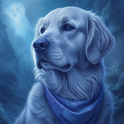 portrait of a golden retriever wearing a blue bandana, warm plain backdrop, no text