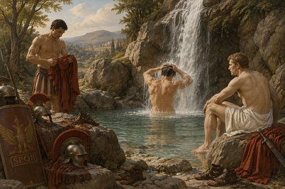 three Roman soldiers stop at a waterfall and pool to set their gear and clothes aside so they can wash in the pool under the waterfall