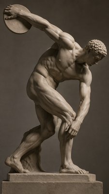 ancient greek athlete bending his back forward and holding a discus
