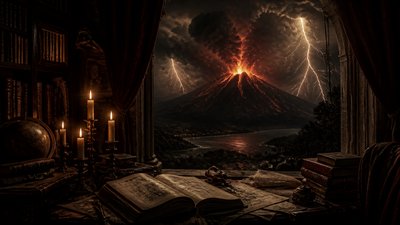 an erupting volcano with lightning strikes, dramatic wide composition, no text