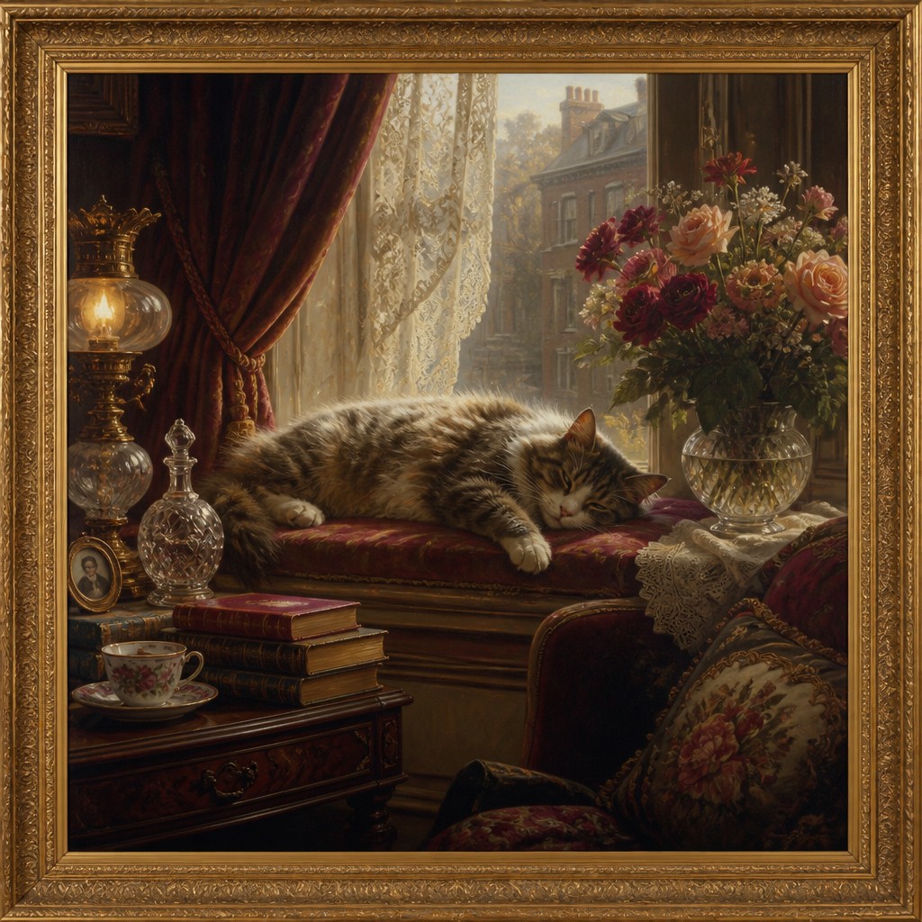 a cat lounging in a sunlit window — Victorian Art Style
