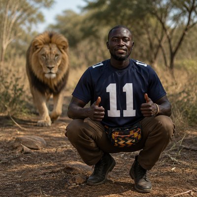 a man kneeling down in front of a lion