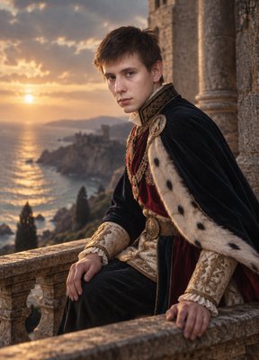 a man in a medieval costume sitting on a balcony