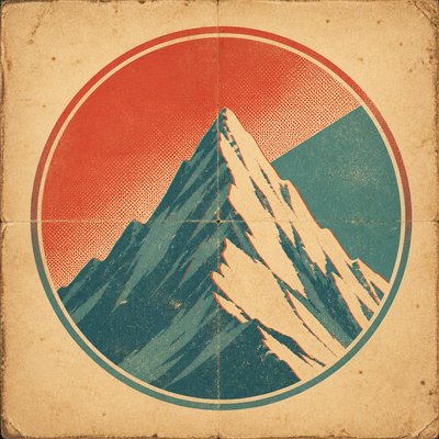 an emblem of a mountain peak inside a circle, simple bold shapes on a plain background, no text or lettering