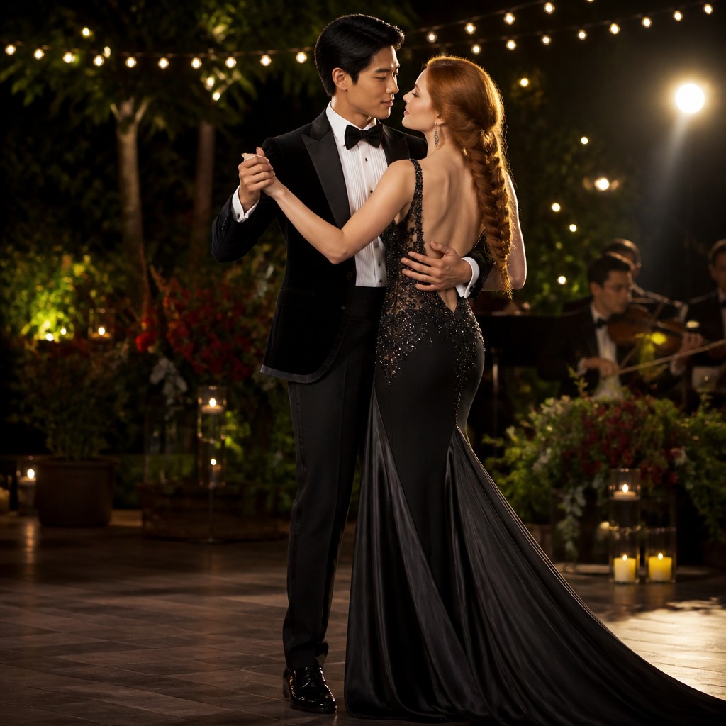 an original couple dancing under string lights in a garden at dusk: a man with short black hair in a linen shirt and a woman with braided red hair in a summer dress