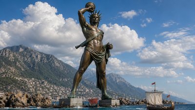 a statue of a man holding a ball in front of a body of water